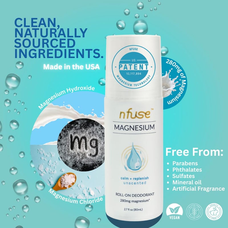 nfuse Natural Magnesium Roll-on Deodorant - Patented Magnesium Delivery Technology - Fragrance Free - Aluminum Free - Unscented: Calm + Replenish - Image 2